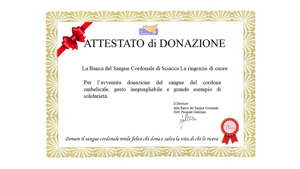Attestato di donazione del sangue cordonale